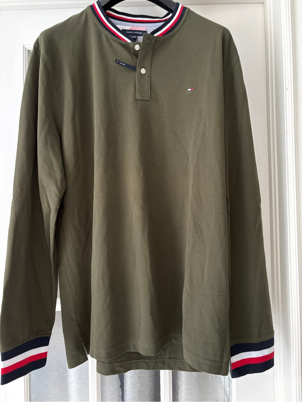 Tommy Hilfiger Olive Green Long Sleeve Polo with Contrast Stripe Trim
